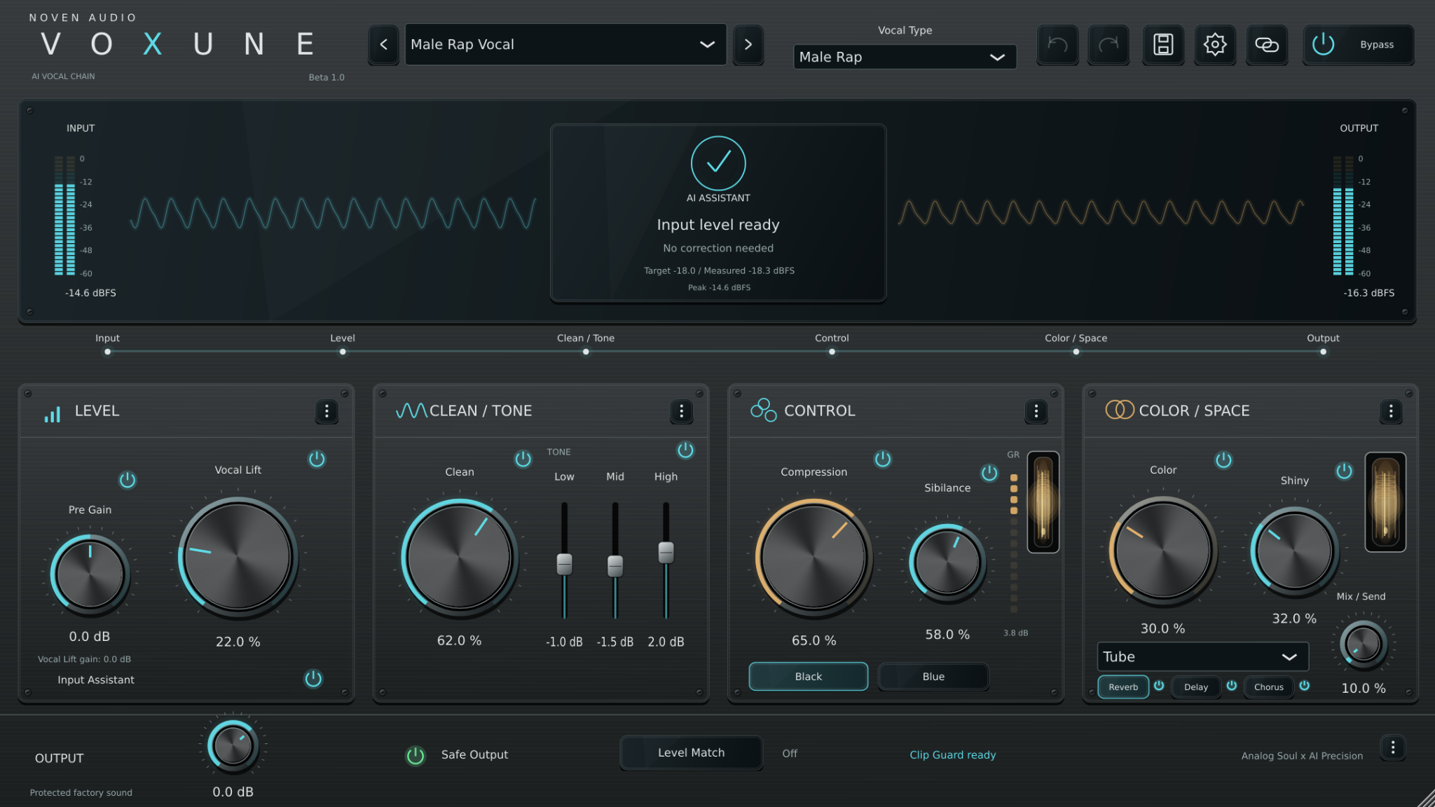 Voxune Pro dark interface with leveling, tone, compression, sibilance and space controls